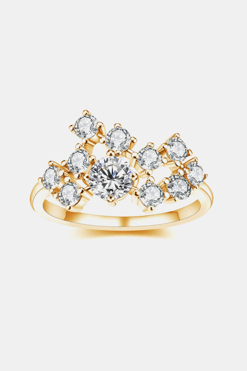 Gold-plated ring with cluster of round brilliant moissanite gemstones on elegant band. Ideal for minimalist style jewelry lovers.