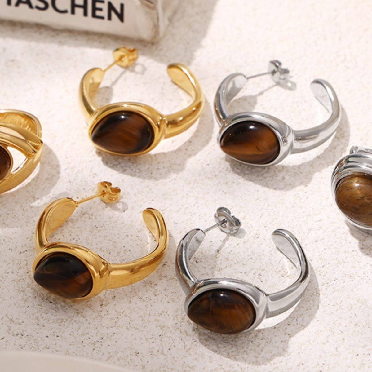 Stainless Steel Natural Tiger's Eye C-Hoop Earrings - STUFF TREND