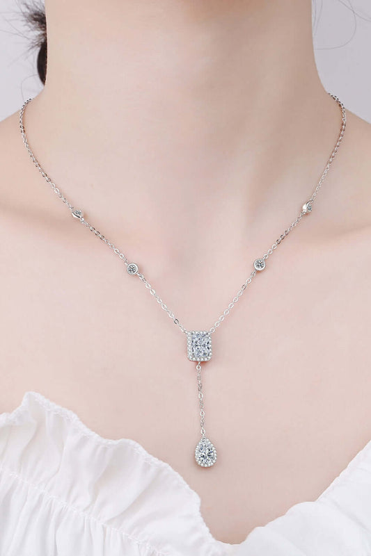 3 carat 925 sterling silver double drop pendant necklace with moissanite, ghost mannequin display, elegant jewelry design