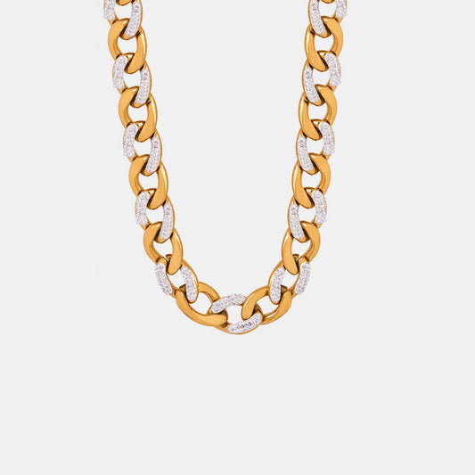 Zircon titanium steel chunky chain necklace, 18K gold-plated with zircon detailing, elegant jewelry piece for stylish wear.