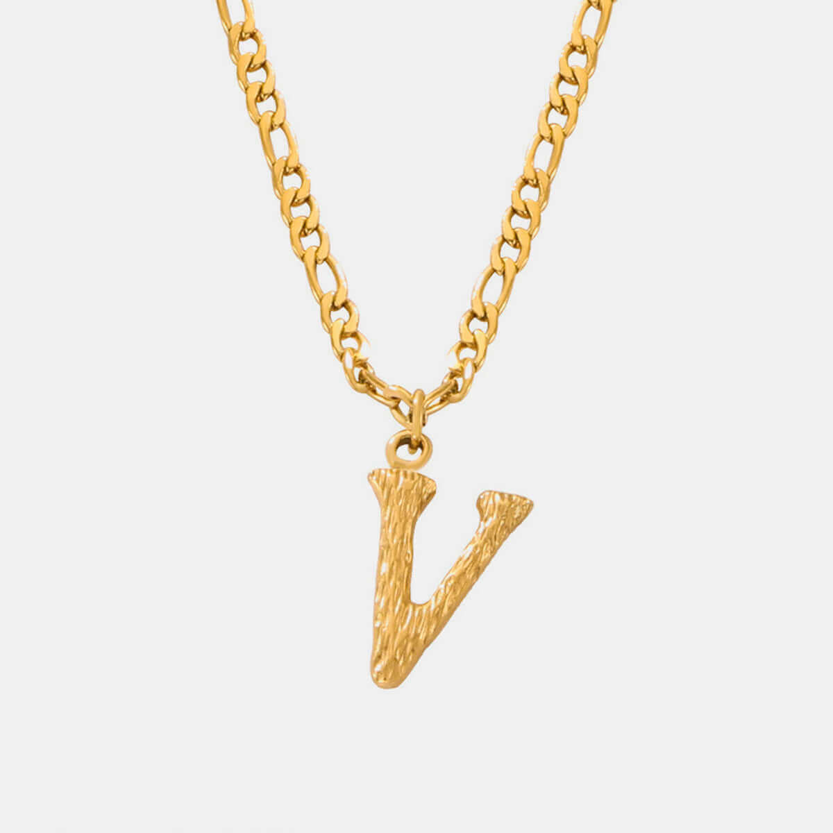 18K gold-plated titanium steel letter V pendant necklace with 15-inch chain and 2-inch extension.