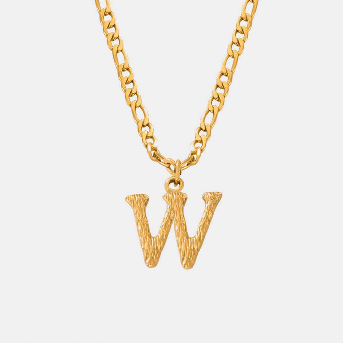 Titanium steel necklace with gold-plated letter W pendant on a 15-inch chain with 2-inch extension. Premium quality jewelry with care instructions.