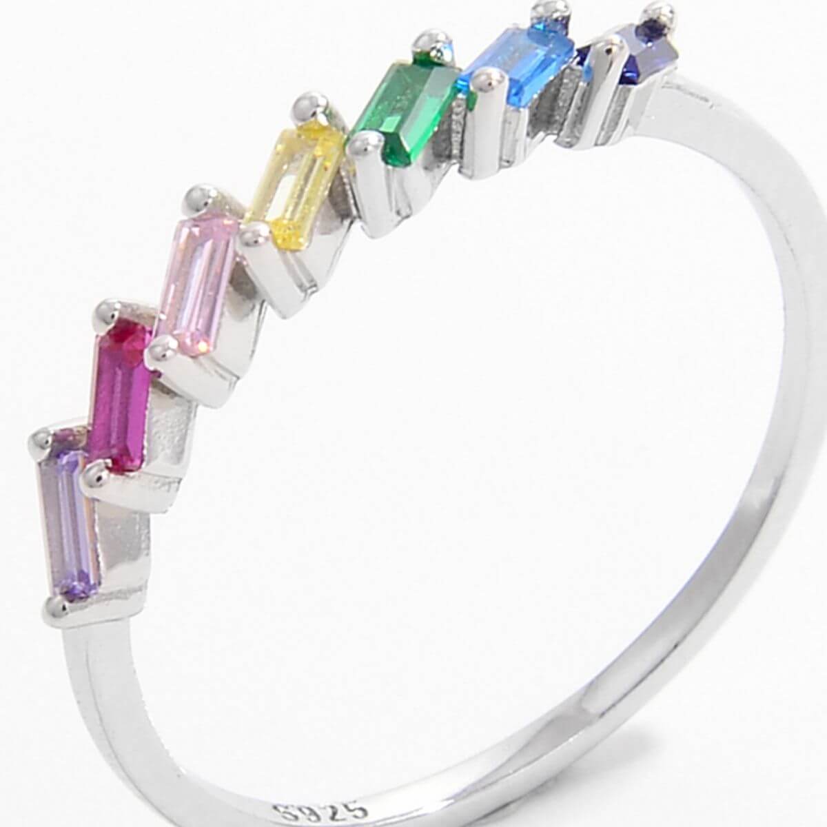 925 sterling silver ring with colorful contrast zircon stones in a platinum-plated band.