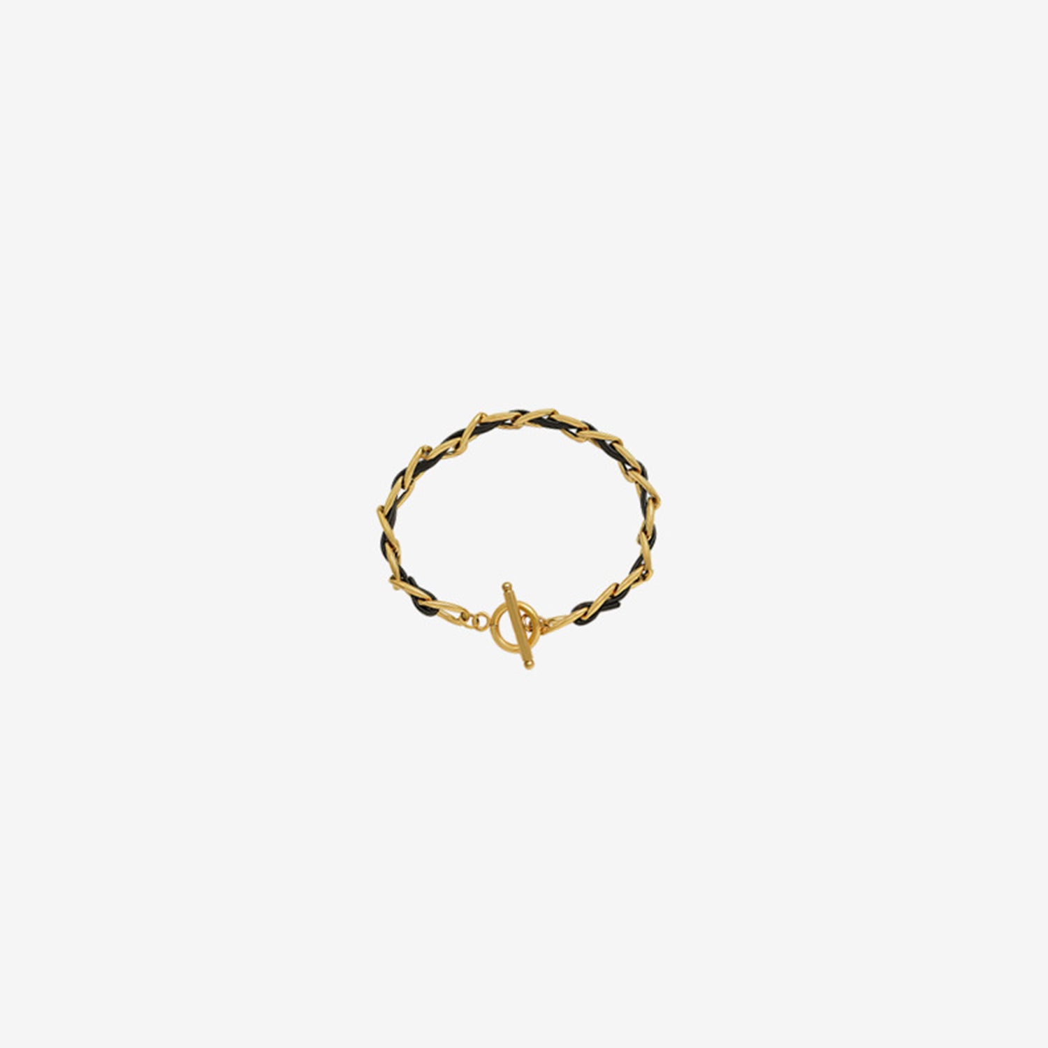 18K gold-plated leather chain bracelet with titanium steel accents, featuring a sleek design and toggle clasp on a cream background.