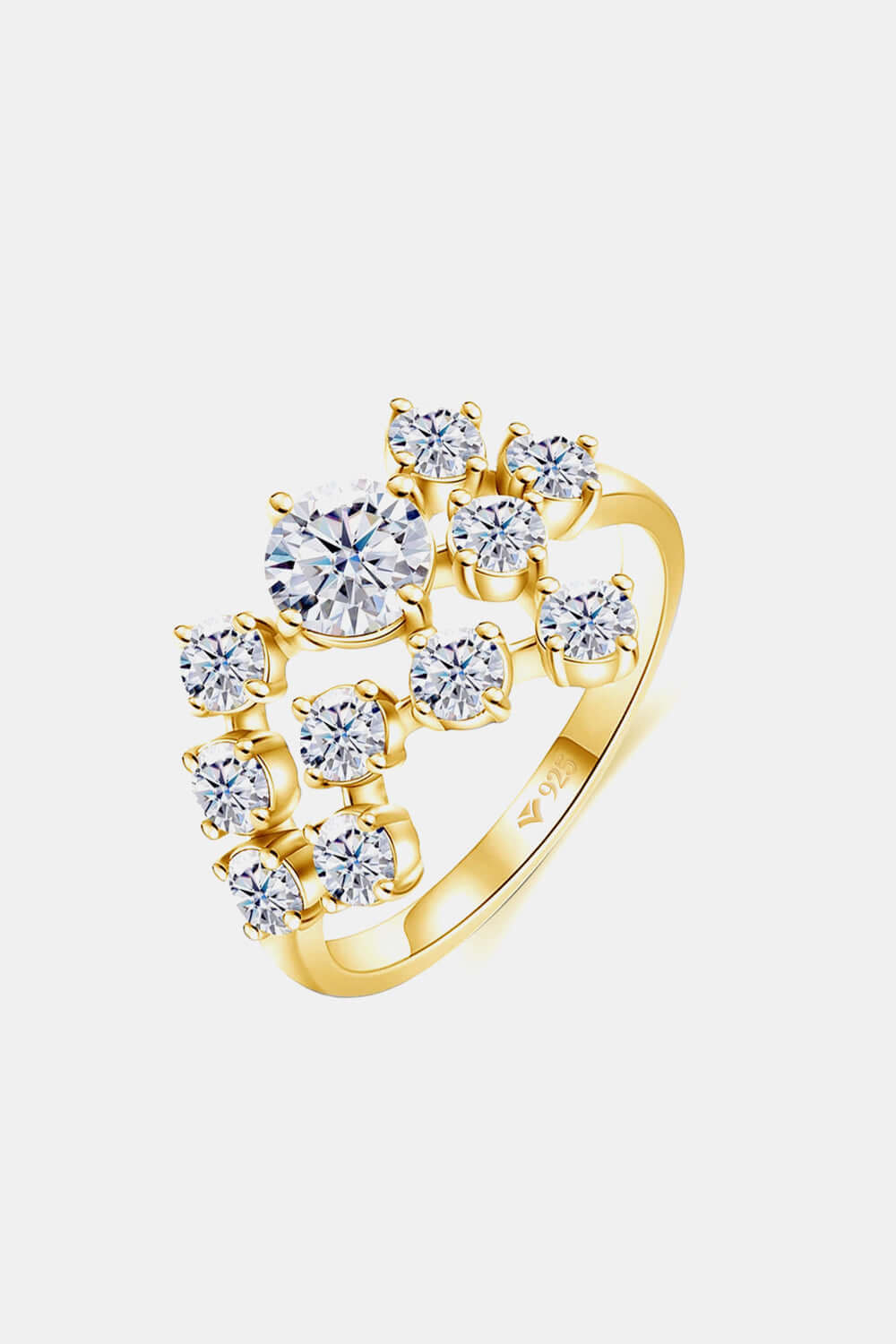 Elegant moissanite ring with multiple stones set in gold-plated 925 sterling silver, featuring a minimalist and luxurious design.