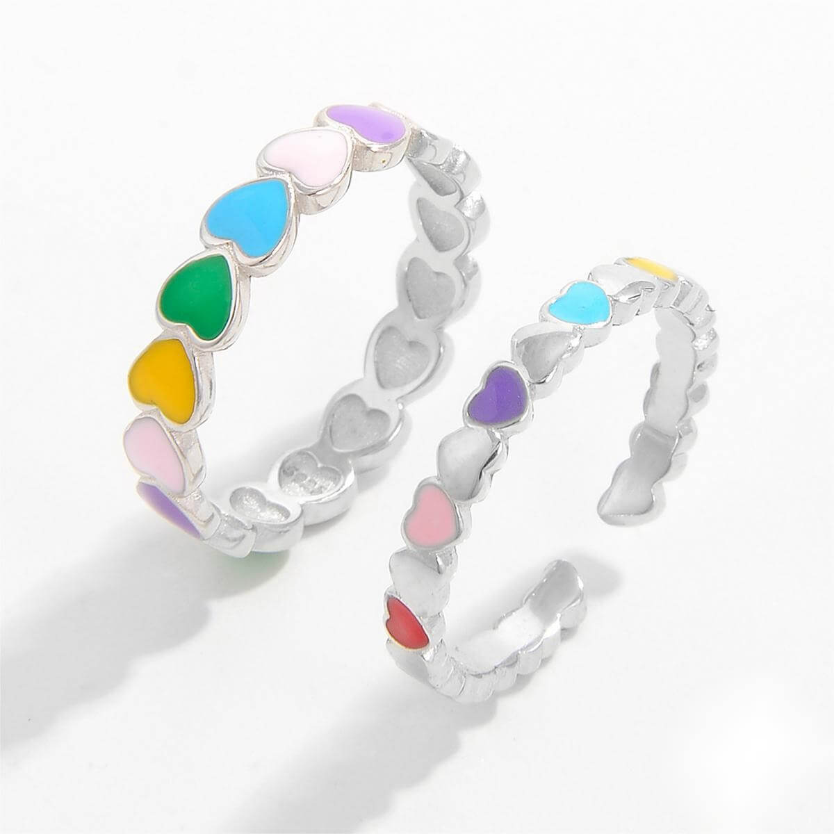 925 Sterling Silver Drip Oil Heart Ring with Colorful Enamel Hearts