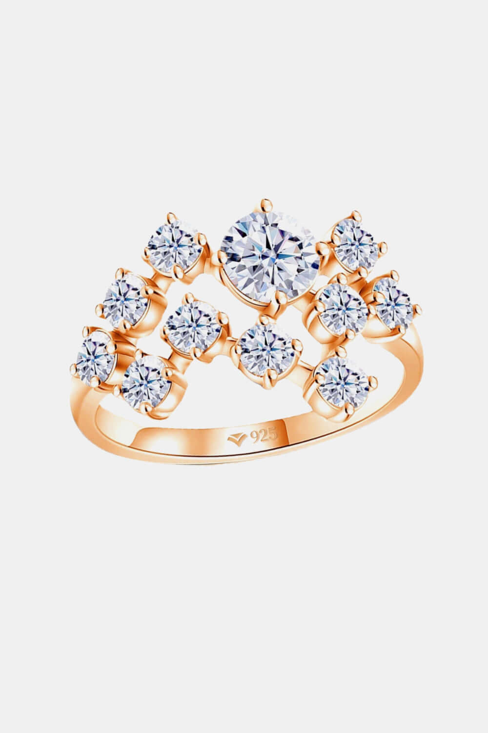 Rose gold-plated moissanite ring with 925 sterling silver band, featuring multiple sparkling stones in a minimalist design.