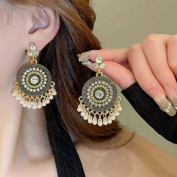 Rhinestone Alloy Bead Dangle Earrings