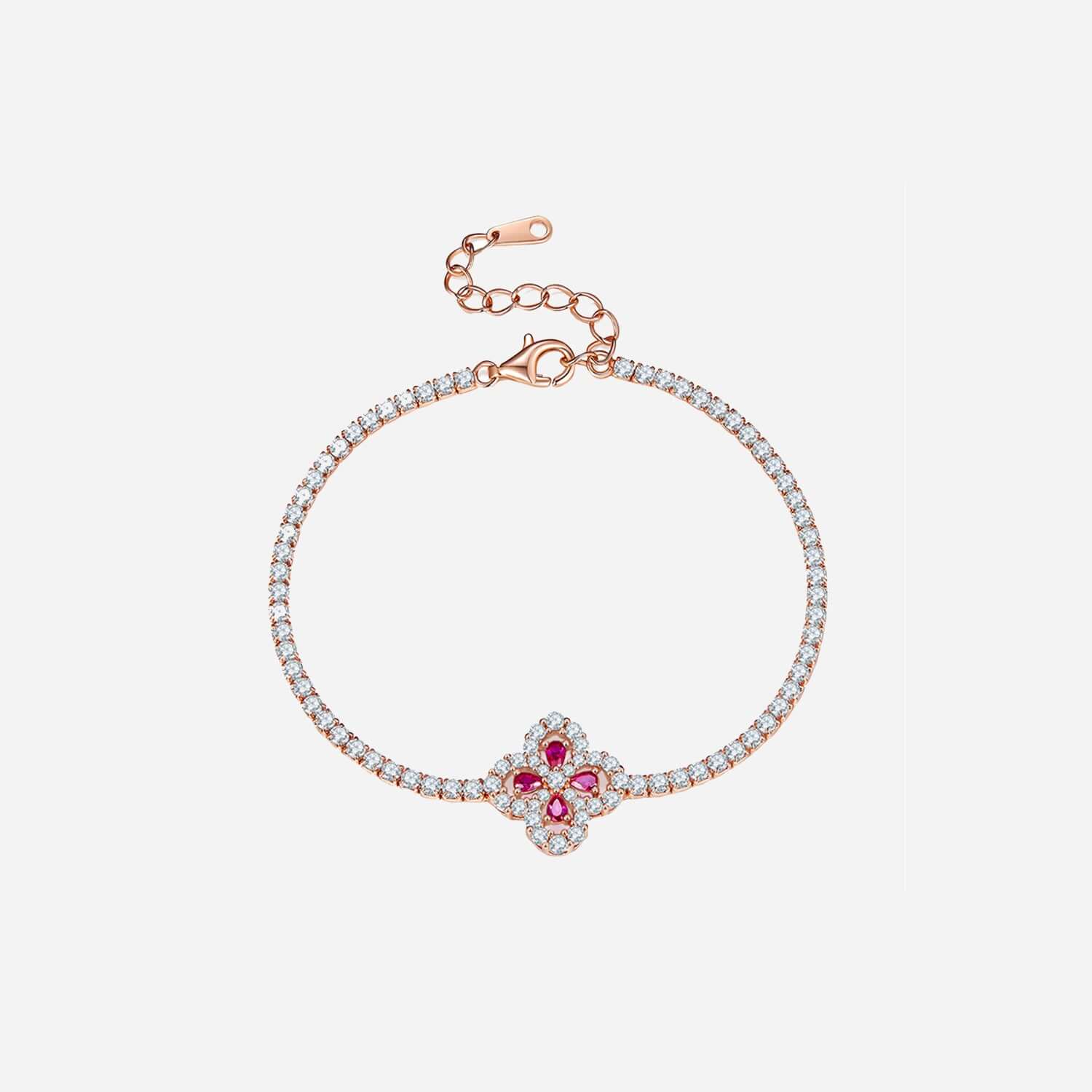 Lab-grown ruby flower-shaped bracelet in 925 sterling silver with zircon stones and rose gold plating.