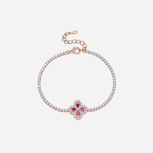 Lab-grown ruby flower-shaped bracelet in 925 sterling silver with zircon stones and rose gold plating.