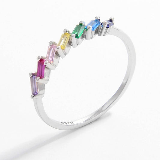 925 Sterling Silver Contrast Zircon Ring with rainbow-colored stones, platinum-plated, elegant design, imported jewelry piece.