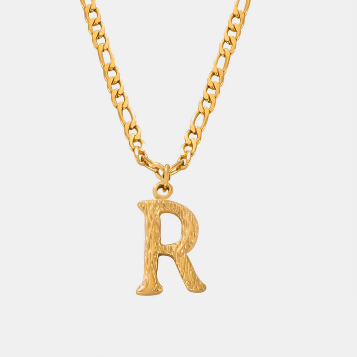 18K gold-plated titanium steel letter "R" pendant necklace, 15-inch chain with 2-inch extension, elegant and durable design.