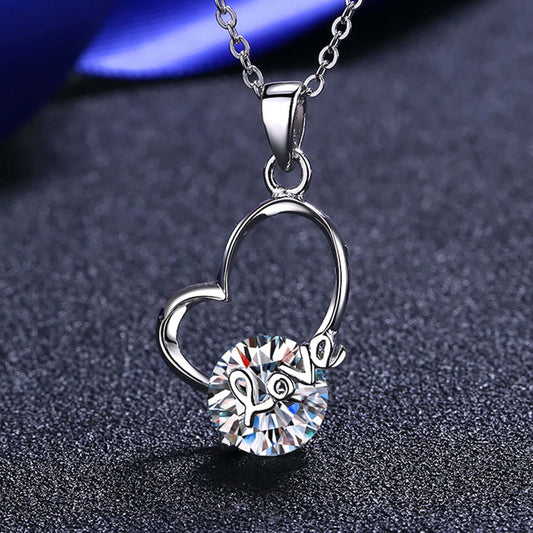 "2 Carat Moissanite Heart Necklace in 925 Sterling Silver with Love Letter Design"