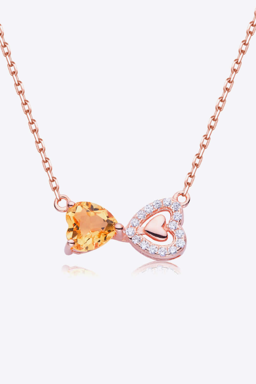 Citrine heart necklace with 925 sterling silver and 18K rose gold-plated chain featuring zircon accents.