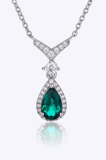 Lab-grown emerald teardrop necklace in platinum-plated sterling silver with zircon accents.