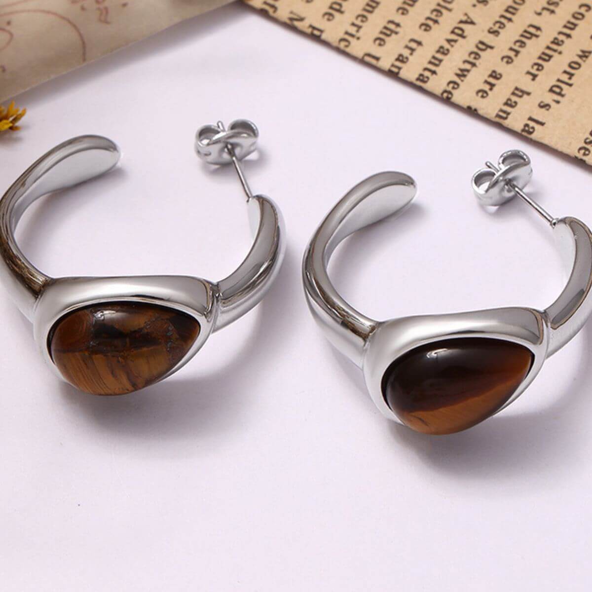 Stainless Steel Natural Tiger's Eye C-Hoop Earrings - STUFF TREND