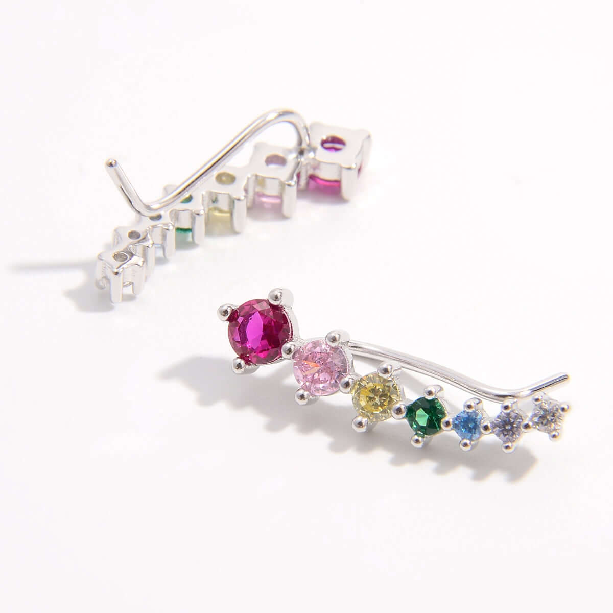 925 sterling silver platinum-plated earrings with multicolor zircon stones, featuring a delicate design and vibrant sparkle.