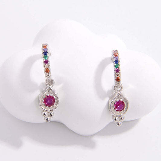 925 Sterling Silver Inlaid Zircon Earrings with Platinum-plated finish and multicolored zircon stones on display