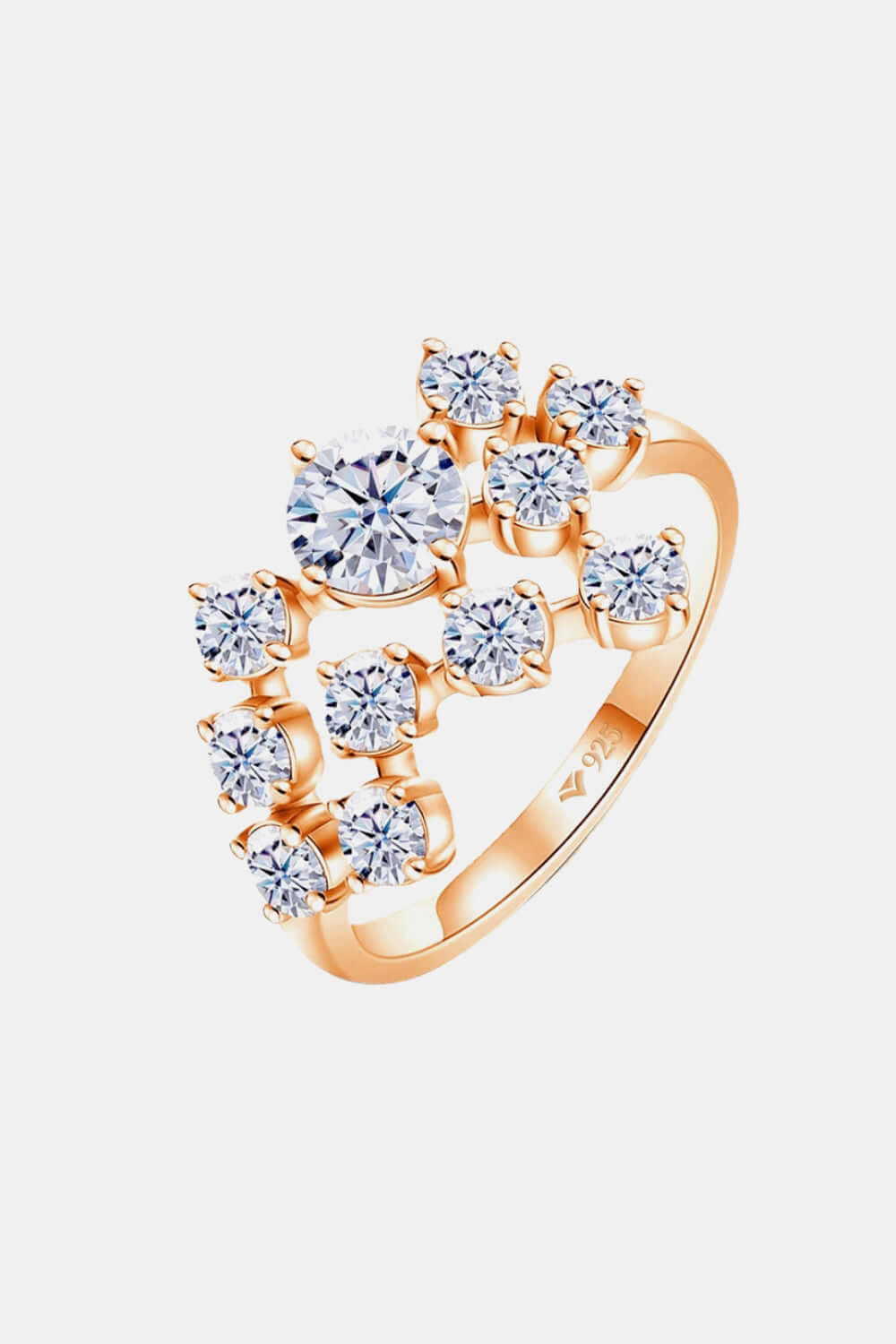 Rose gold-plated moissanite ring with cluster design on sterling silver, featuring multiple sparkling gems for an elegant look.