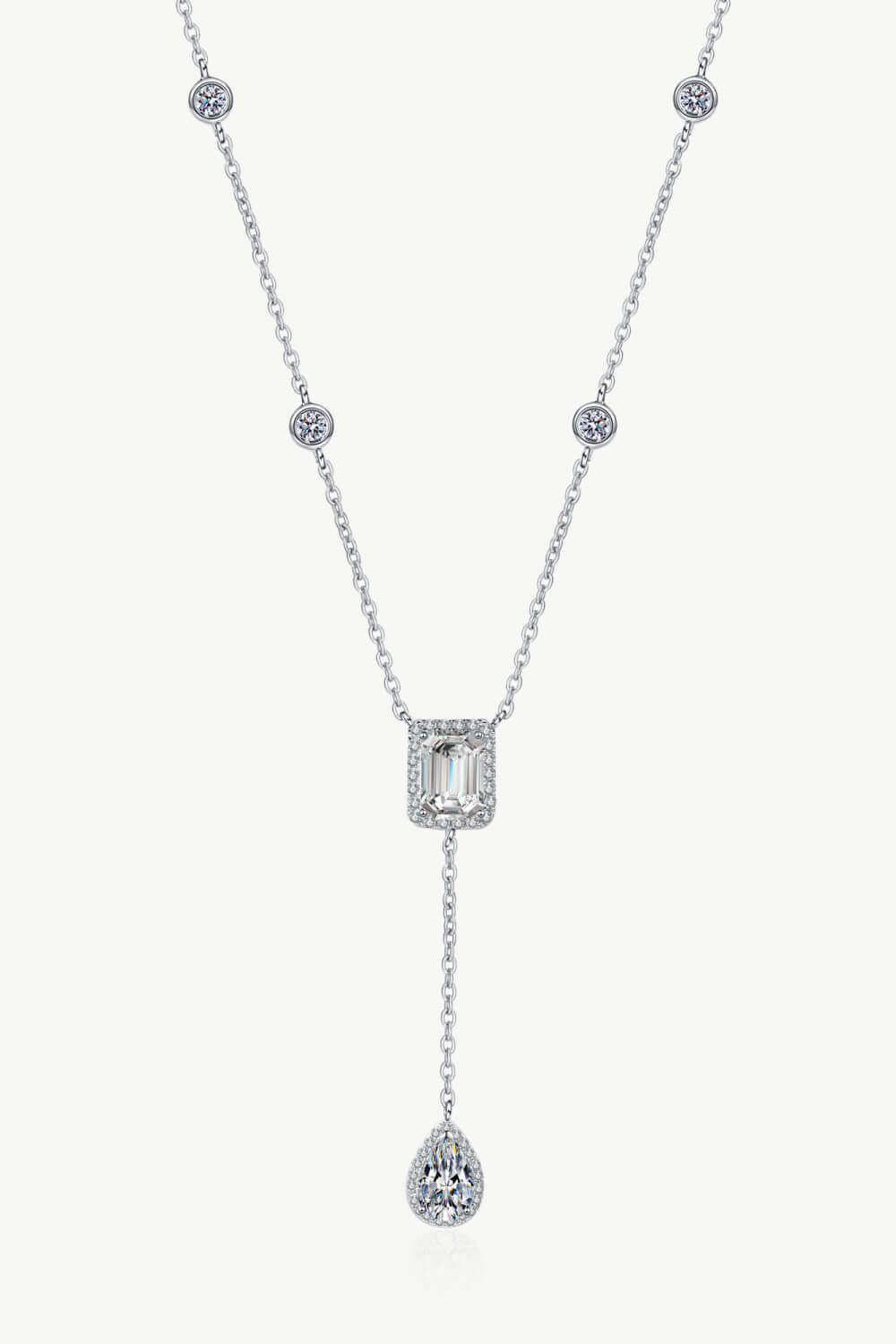 3 carat sterling silver double drop pendant necklace with moissanite and zircon accents, rhodium-plated finish, ghost mannequin display.