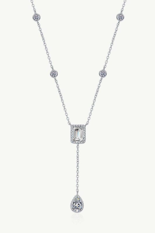 3 carat sterling silver double drop pendant necklace with moissanite and zircon accents, rhodium-plated finish, ghost mannequin display.