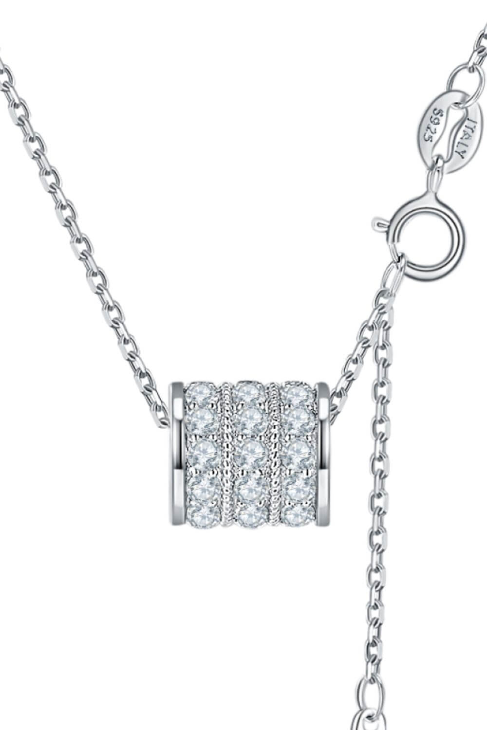 Minimalist moissanite necklace in 925 sterling silver with platinum plating, showcasing a unique cylinder pendant design.