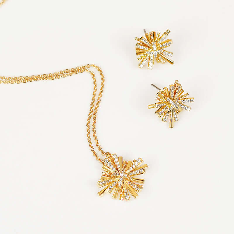 Starburst gold-plated earrings and necklace set with zircon stones, featuring a detailed alloy sunburst design on a white background.