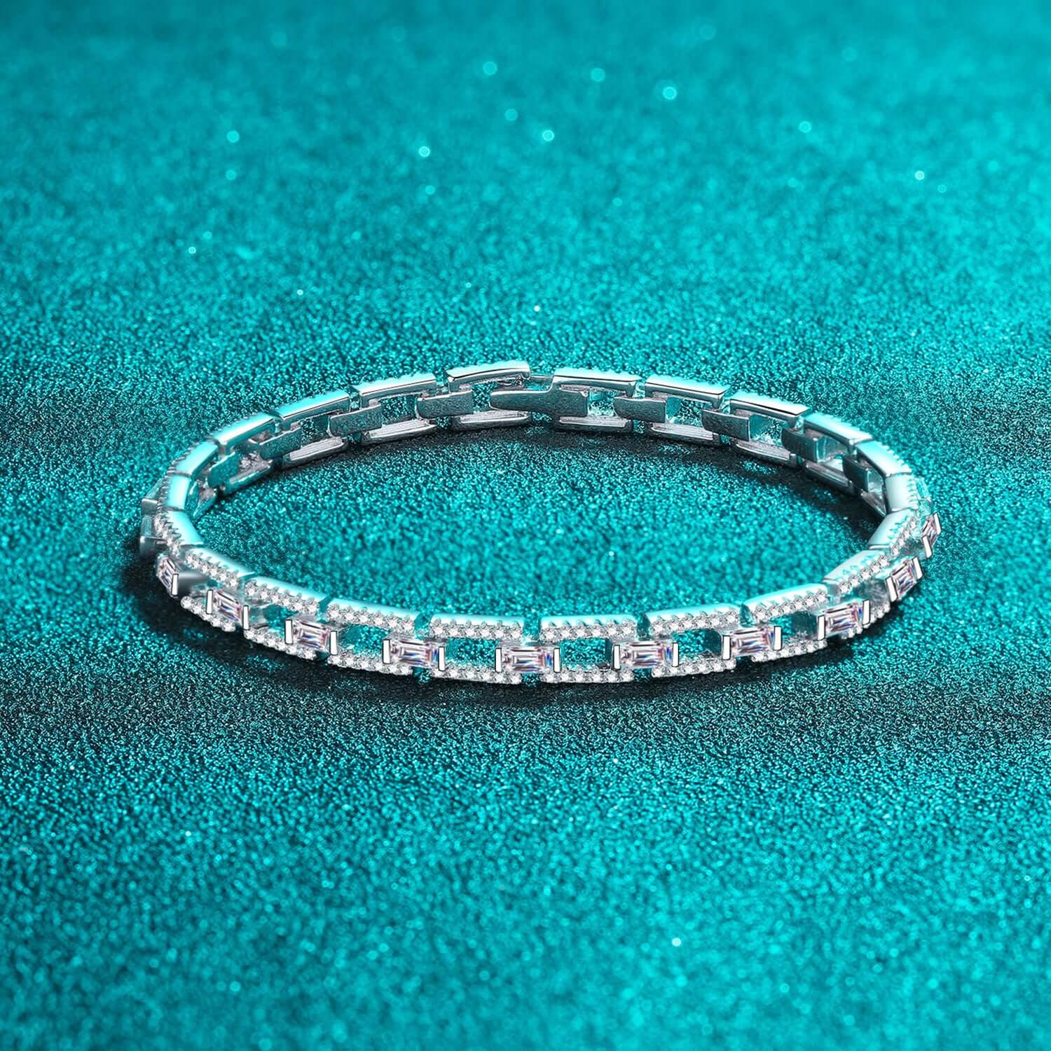 3.2 carat moissanite 925 sterling silver bracelet on turquoise background