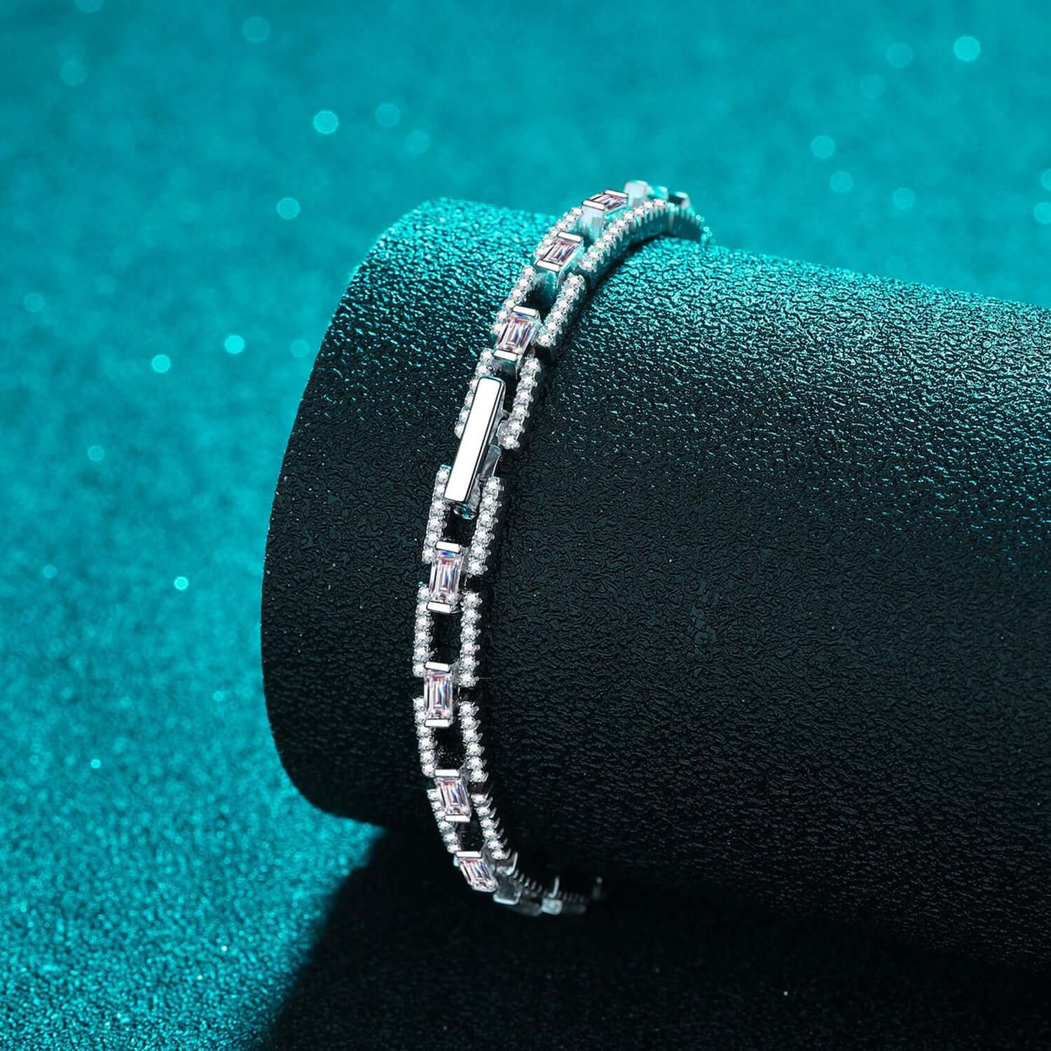 3.2 carat moissanite bracelet in 925 sterling silver, elegant design on a dark velvet background, perfect for special occasions.