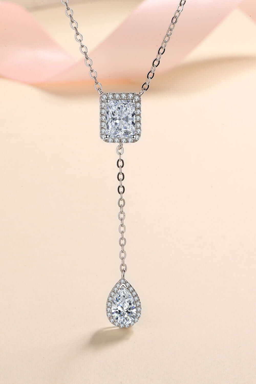 3 Carat 925 Sterling Silver Double Drop Pendant Necklace with Moissanite, Ghost Mannequin Style, Rhodium-Plated, Zircon Accents