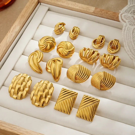 Fashion gold plated texture knot twist geometric stud earrings for women in various retro designs, stainless steel statement punk jewelry