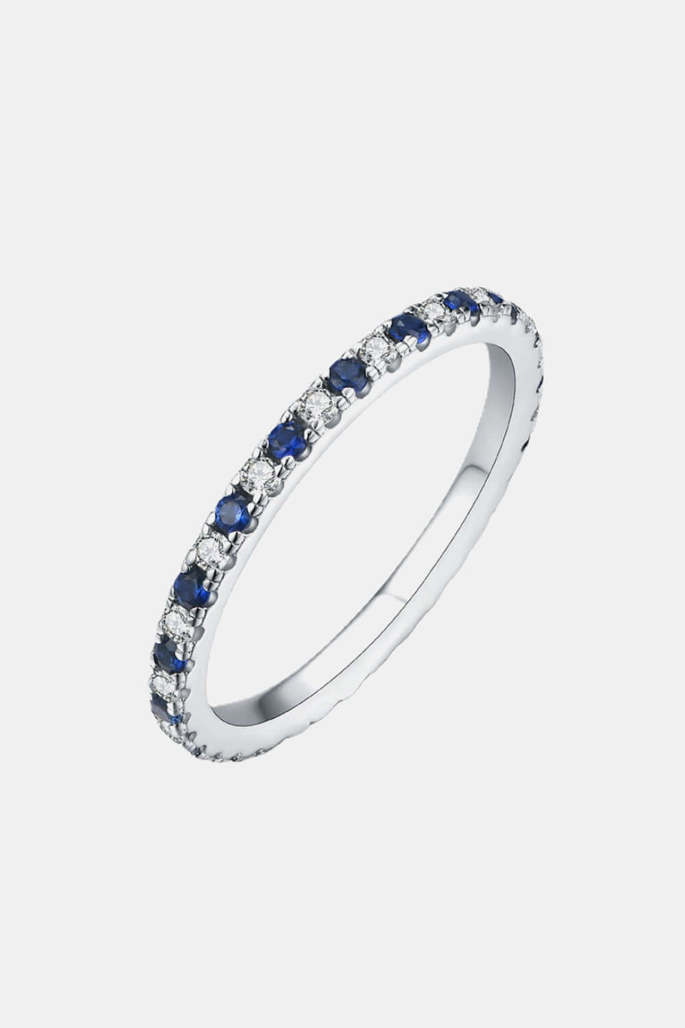 Minimalist platinum-plated sterling silver ring with moissanite and lab-grown sapphire stones