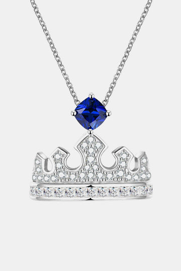 Zircon lab-grown sapphire crown shape pendant necklace in 925 sterling silver with platinum plating on a 15.7 inch chain.