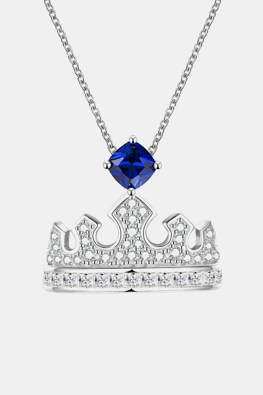 Zircon lab-grown sapphire crown shape pendant necklace in 925 sterling silver with platinum plating on a 15.7 inch chain.