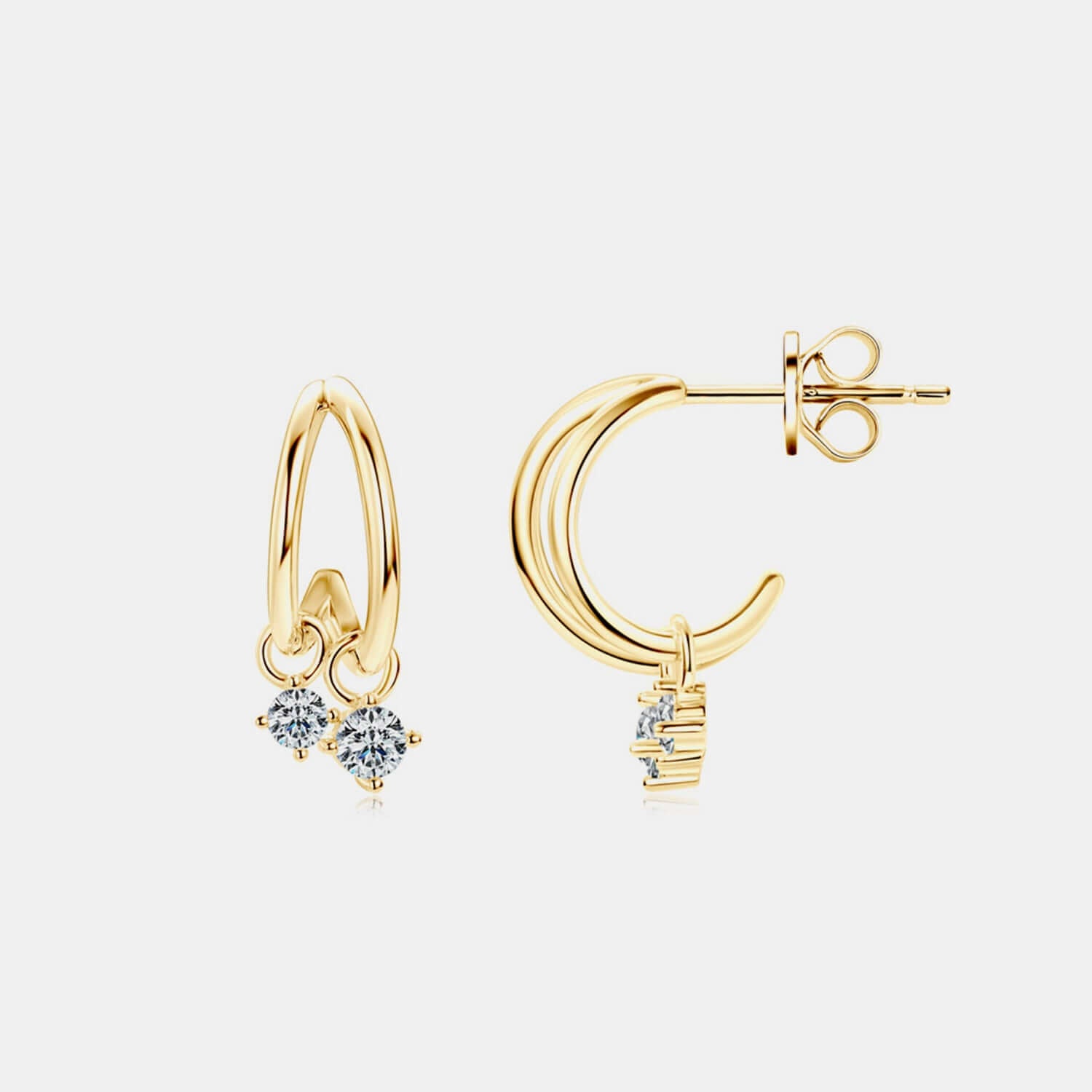 18K gold-plated 925 sterling silver C-Hoop earrings with Moissanite stones, featuring a 0.32 carat weight and platinum-plated finish.