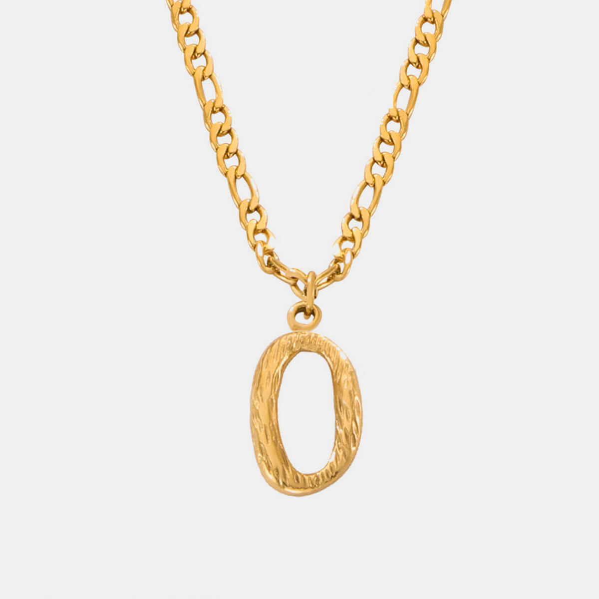 18K gold-plated titanium steel letter O pendant necklace with 15-inch chain and 2-inch extension.