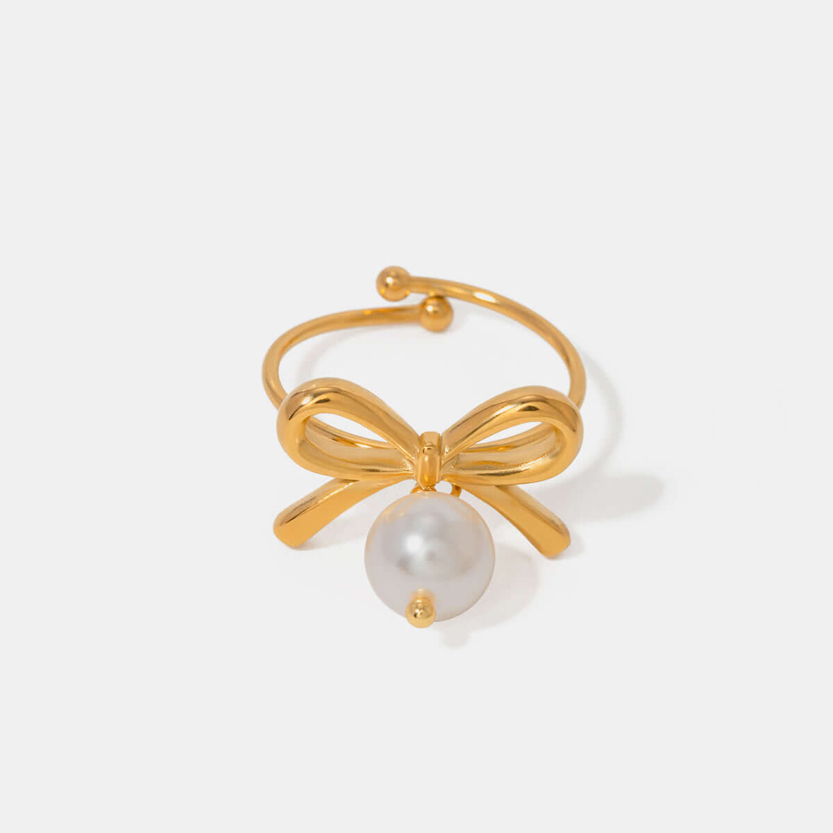 18K gold-plated stainless steel ring with a synthetic pearl and bow design, adjustable size, elegant jewelry piece.