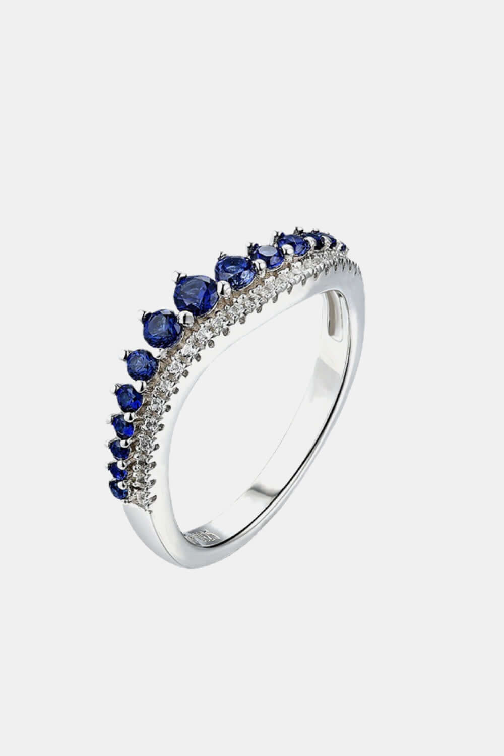 Minimalist lab-grown sapphire 925 sterling silver ring with platinum-plating, featuring a sleek design and elegant blue stones.