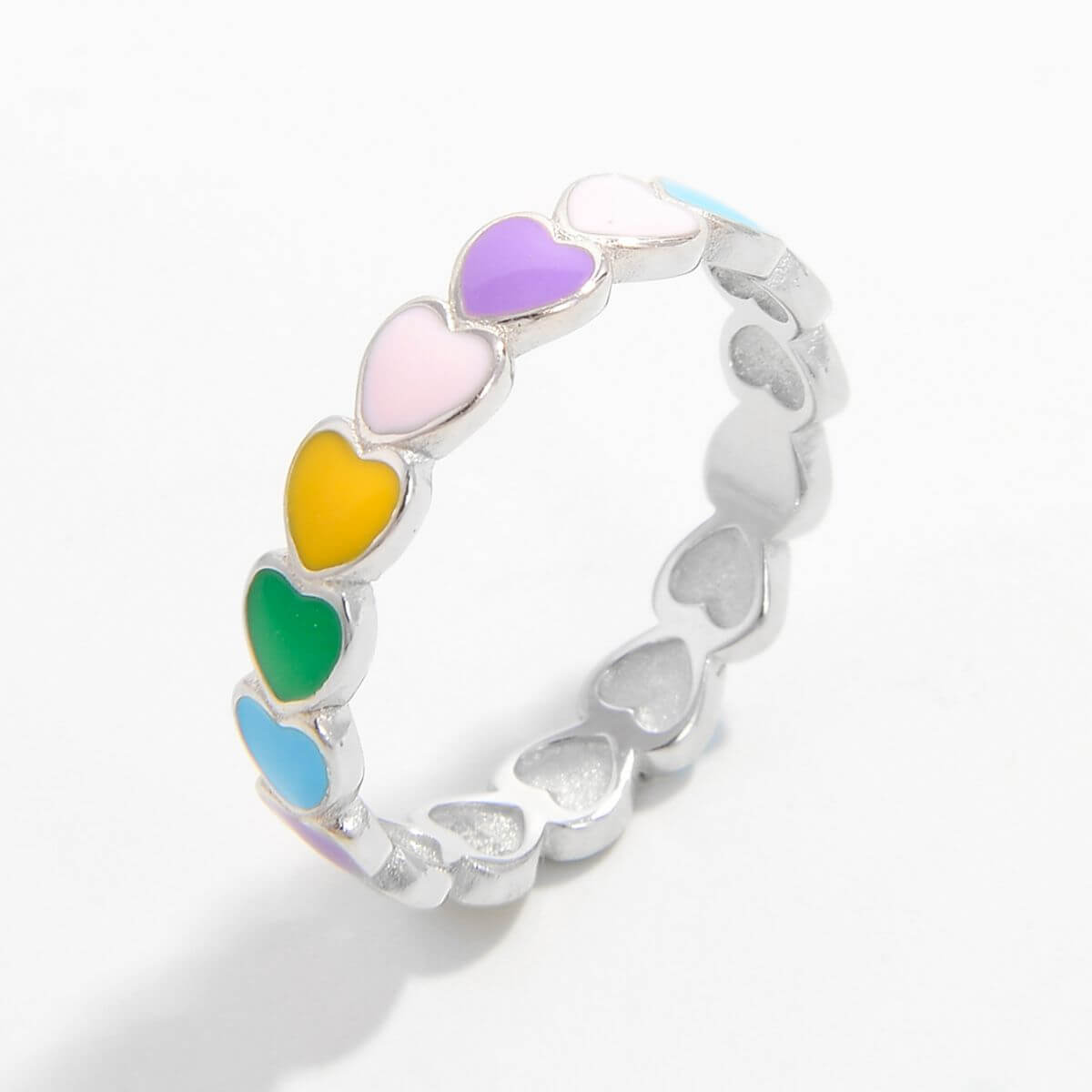 925 sterling silver drip oil heart ring with multicolored heart accents in purple, pink, yellow, green, and blue