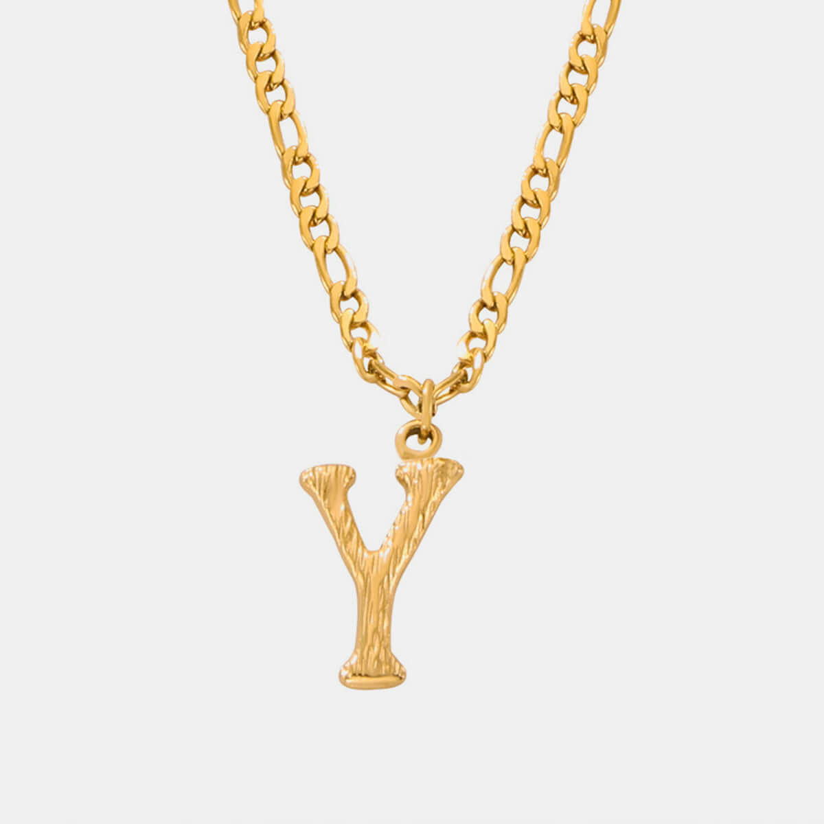 18K gold-plated titanium steel letter Y pendant necklace with a 15-inch chain and 2-inch extension.