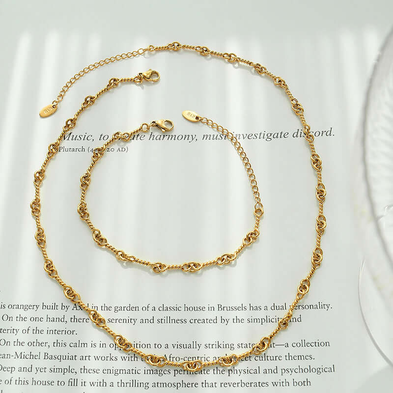 Titanium steel chain link necklace in 18K gold plating with extension chain, elegant and corrosion-resistant jewelry.