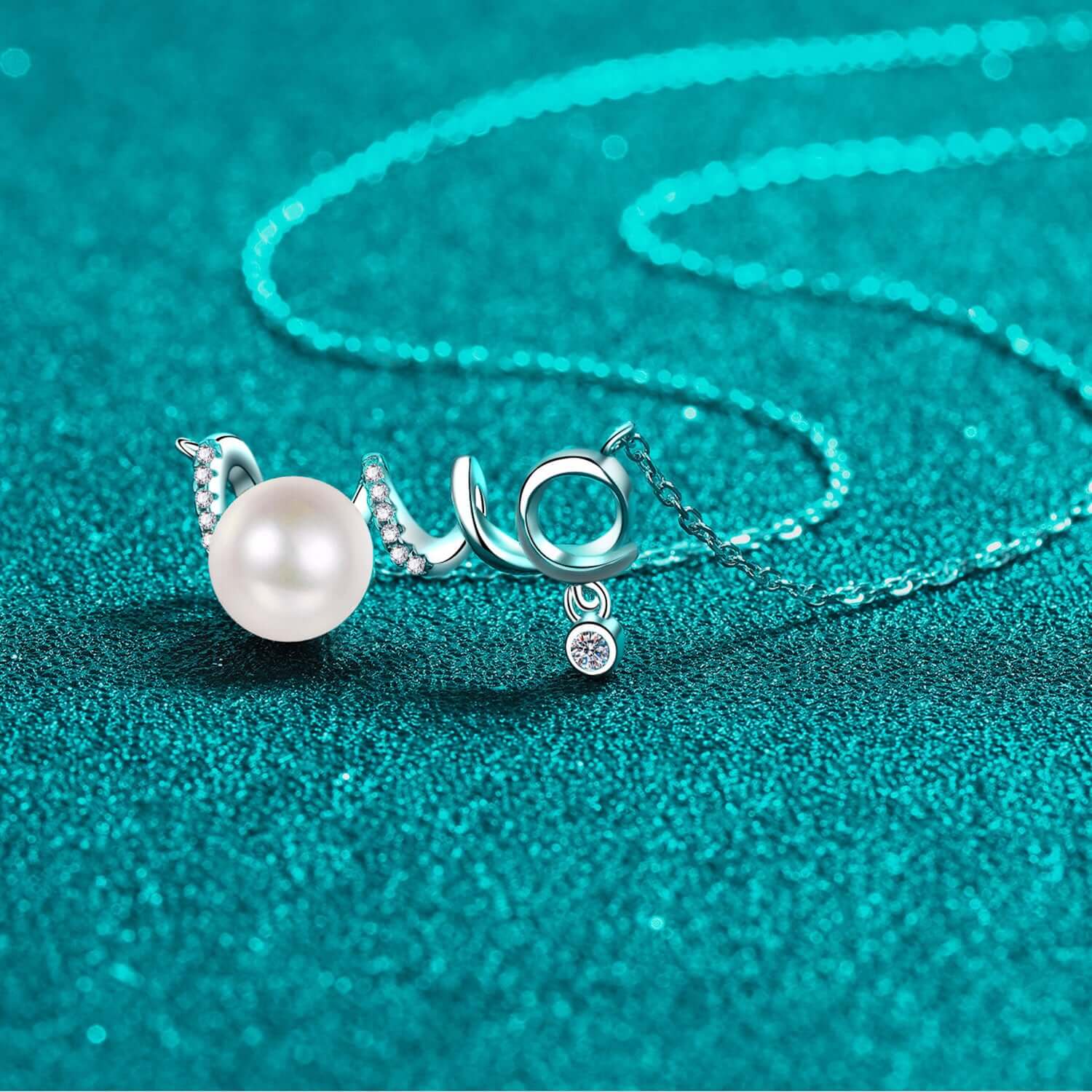 Elegant Pearl Moissanite Sterling Silver Necklace with Freshwater Pearl and 0.1 Carat Moissanite on Green Background