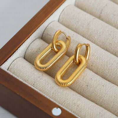 18K gold-plated titanium steel dangle earrings on jewelry display box.